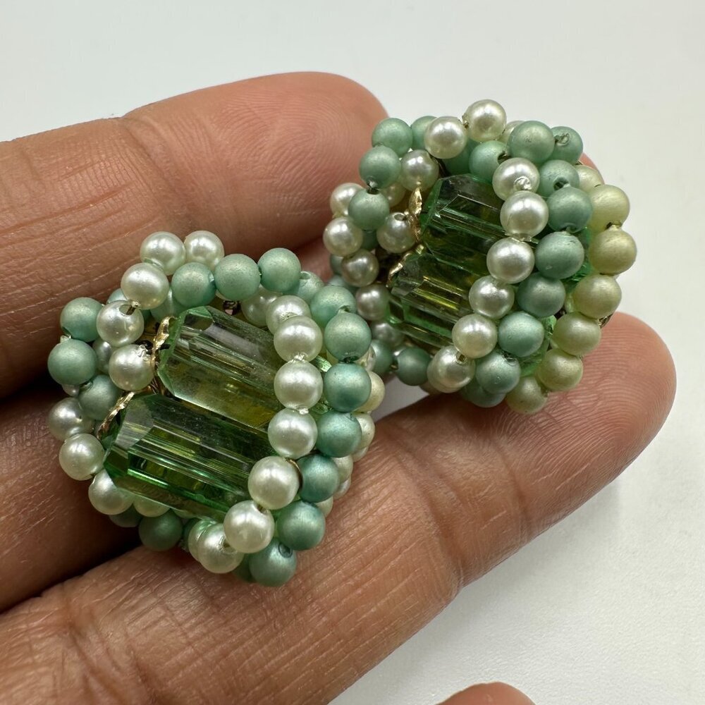 3/$30 Vintage Japan Clip On Earrings Green Baguette Faux Pearl Beaded Cluster